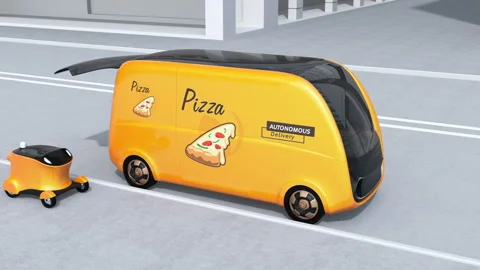 Pizza box transfer from self-driving delivery van to mobile delivery drone Stock Footage 85540530