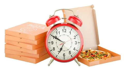Pizza boxes with alarm clock, 3D rendering Stock Illustration