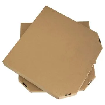 Pizza boxes stack isolated. Top angle view of brown cardboards on white Stockfoto's