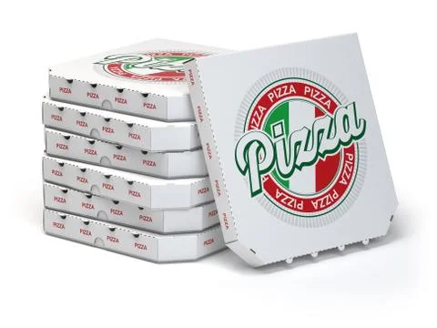Pizza boxes stack isolated on white, Illustrazione stock