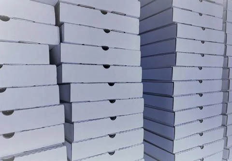 Pizza Boxes in Stacks Stockfoto's