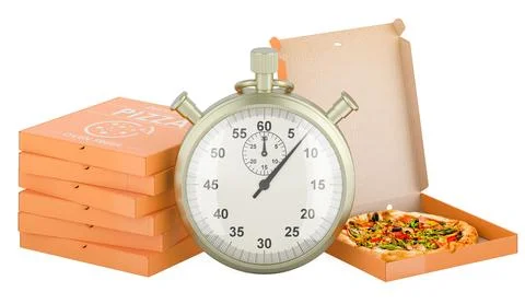 Pizza boxes with stopwatch, 3D rendering Stock Illustration