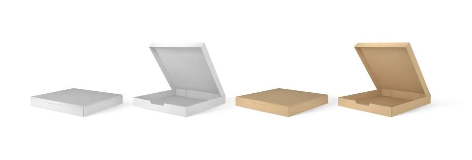 Pizza boxes, takeaway containers packages mock up 3D vector set, closed and open Stock Illustration