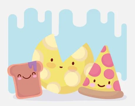 Pizza bread and cheese cutting menu character cartoon food cute Stock Illustration