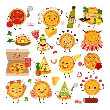 Pizza characters funny elements for pizzeria set, vector illustration. Delicious Illustrazione stock