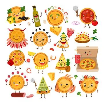 Pizza characters funny elements for pizzeria set, vector illustration. Delicious 스톡 일러스트