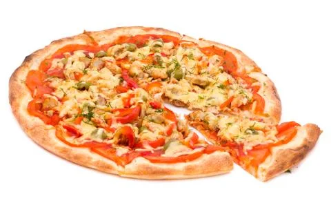 Pizza with cheese and ham isolated on white Foto stock