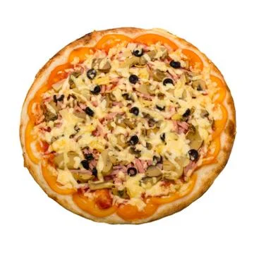 Pizza with cheese and ham isolated on white Stock Photos