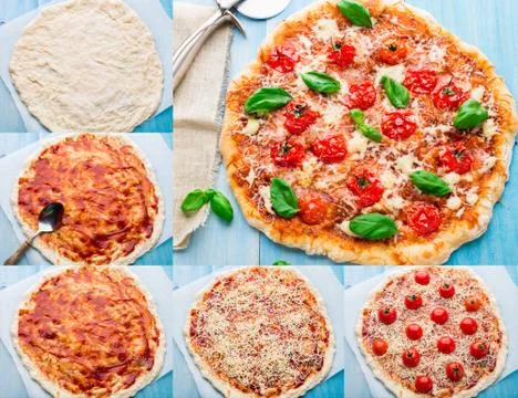 Pizza with cherry tomatoes and basil. Step by step Stock Photos