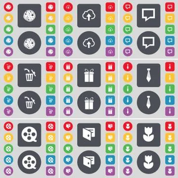 Pizza, Cloud, Chat bubble, Trash can, Gift, Tie, Videotape, Wallet, Flower icon 스톡 일러스트