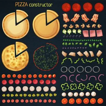 Pizza constructor cartoon vector illustration. Fresh ingredients on black Illustrazione stock