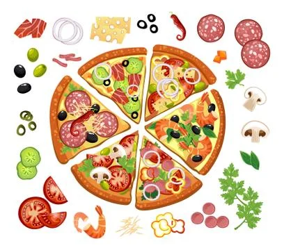 Pizza constructor with different ingredients Illustrazione stock