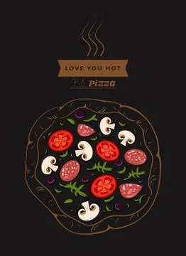 Pizza in the contour with colored ingredients Stock Illustration
