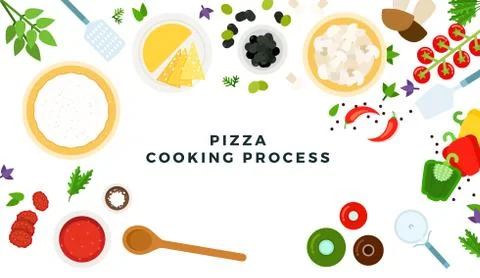 Pizza cooking process vector flat illustrations. Products and tools for pizza Stock Illustration