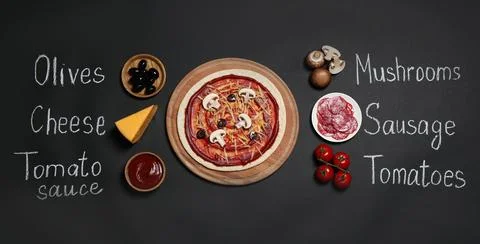 Pizza crust, ingredients and chalk written product's names on black backgroun Stock Photos