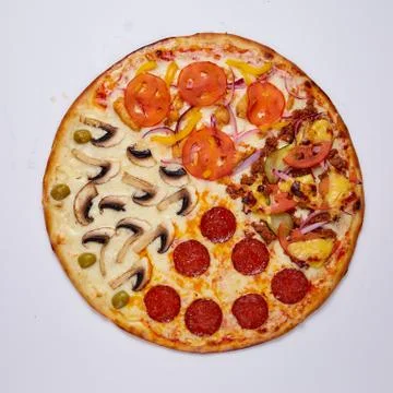 Pizza with cut off slice on a white background. Top view. Stock Photos