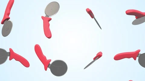 Pizza Cutters Falling on a Light Blue Background. Pizza Slicers 3D Animation. 4K Stock Footage 305898496