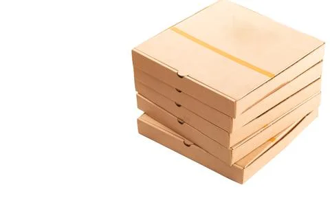 Pizza delivery banner. stack brown pizza box on white background Stock Photos