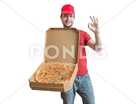 Pizza delivery concept. Young man is carrying boxes with tasty pizza. Isolate Stock Photos