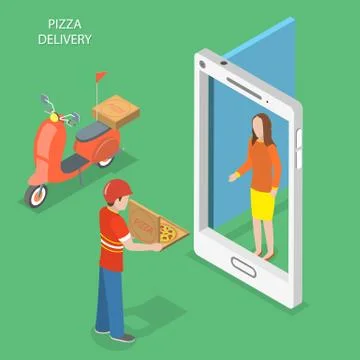 Pizza delivery flat isometric vector concept. Stock Illustration