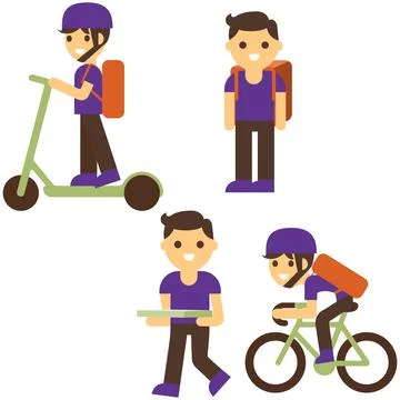 Pizza delivery flat vector illustration. Boy cartoon character. Stock Illustration