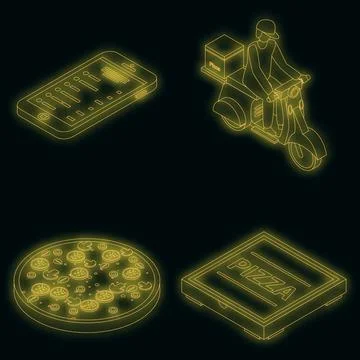 Pizza delivery icons set vector neon Illustrazione stock