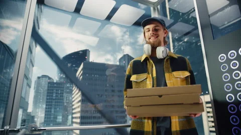 Pizza Delivery Man Riding Elevator Stock Footage 167834821