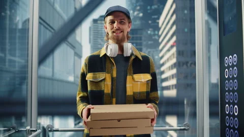 Pizza Delivery Man Riding Elevator Stock Footage 167834904