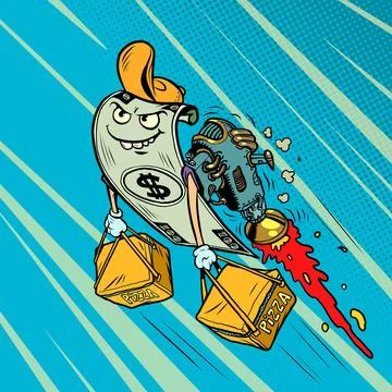 Pizza delivery, online payment, dollar courier with food Stock Illustration