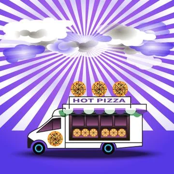 Pizza delivery on rays and clouds background Stock Illustration