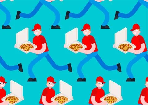 Pizza delivery run pattern seamless. Man runs with pizza box background. vect 스톡 일러스트