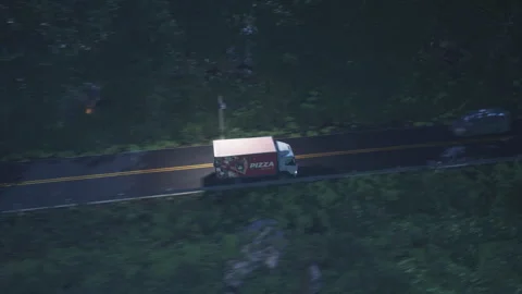 Pizza delivery van rides on night road to bring the food to the customer Stock Footage 253639378