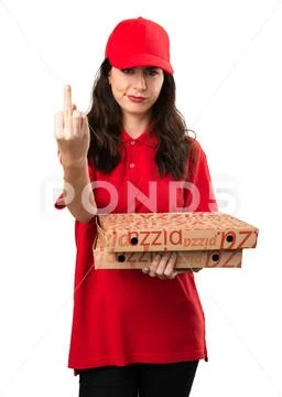Pizza delivery woman making horn gesture Stock Photos