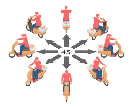 Pizza deliveryman in different angles in isometric. Stock Illustration