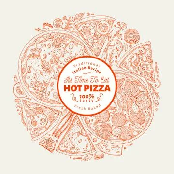 Pizza design template. Hand drawn vector fast food illustration. Sketch style Stock Illustration