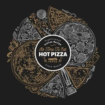 Pizza design template. Hand drawn vector fast food illustration on chalk board Illustrazione stock