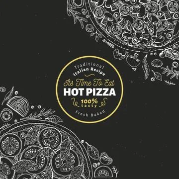 Pizza design template. Hand drawn vector fast food illustration on chalk board Stock Illustration