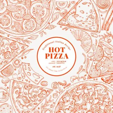 Pizza design template. Hand drawn vector fast food illustration. Sketch style Stock Illustration