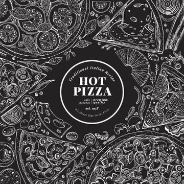 Pizza design template. Hand drawn vector fast food illustration on chalk board Stock Illustration