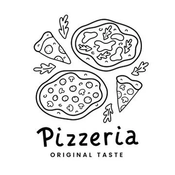 Pizza doodle, linear vector drawing, isolated vector, tasty italian pizza with Stock Illustration