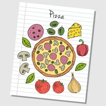 Pizza doodles - lined paper Illustrazione stock