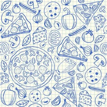 Pizza doodles seamless pattern Stock Illustration