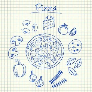 Pizza doodles - squared paper Stock Illustration