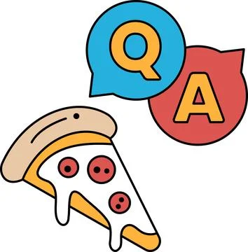 A pizza with a face drawn on it and the letters Q and A above it Stock Illustration