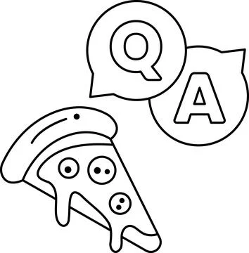 A pizza with a face drawn on it and the letters Q and A above it Stock Illustration