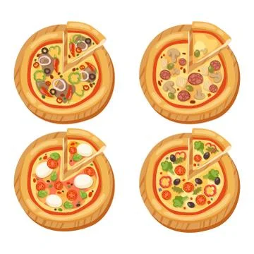 Pizza flat icons isolated vector illustration piece slice pizzeria food menu Ilustração Stock