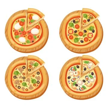 Pizza flat icons isolated vector illustration piece slice pizzeria food menu Ilustração Stock