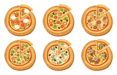 Pizza flat icons isolated vector illustration piece slice pizzeria food menu Stock Illustration