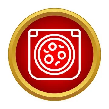 Pizza icon in an open box on a red circular button Stock Illustration