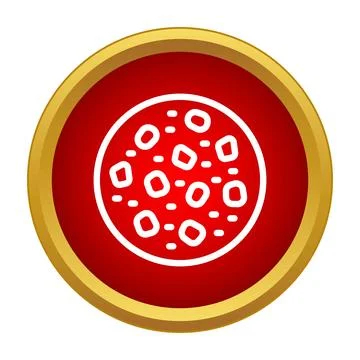 Pizza icon with pepperoni toppings on red button Stock Illustration